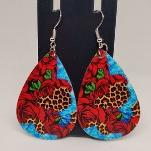 Dangle earrings rose leopard teardrop‎ faux leather new d88